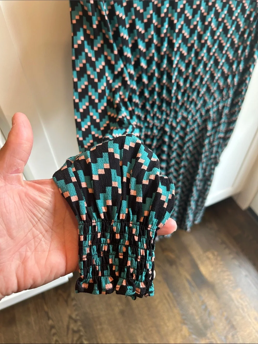 Seraphine Geometric Print Teal and Black Long Sleeve Nursing Post Natal‎ Dress 4